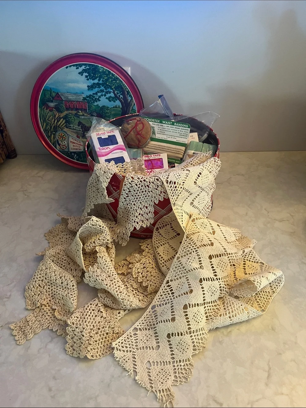 Vintage Sewing Notion and lace lot in tin seamstress will enjoy